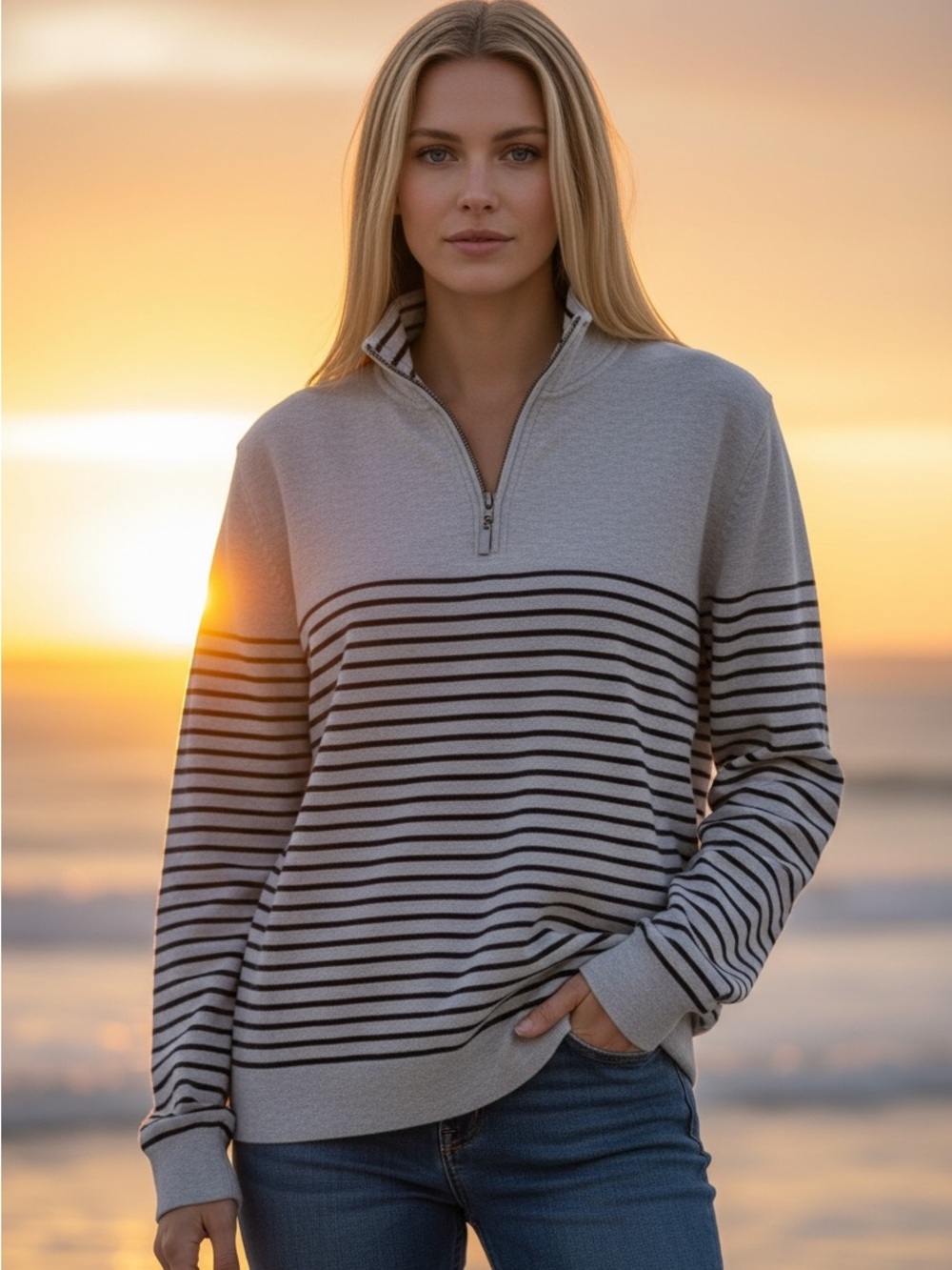 Chaps Light Gray and Black Striped Quarter-Zip Sweatshirt Coastal Casual